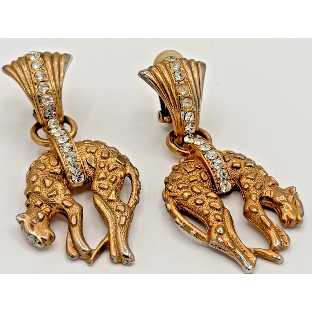 Vintage Gold Tone Rhinestone Panther Leopard Drop Clip On Earrings Unsigned